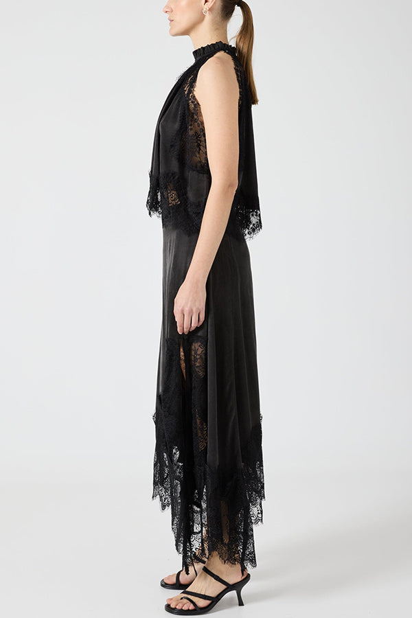 Conjunto de Top de Encaje Plisado Isabella + Falda con Abertura Irregular