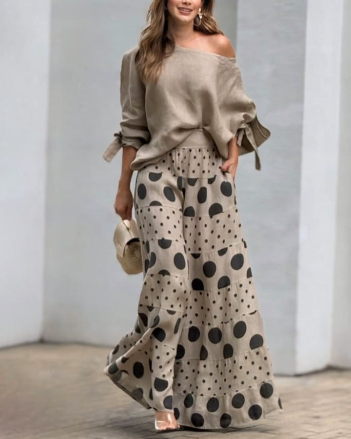 Conjunto Casual de Top con Hombros Descubiertos y Pantalones Estampados Samantha