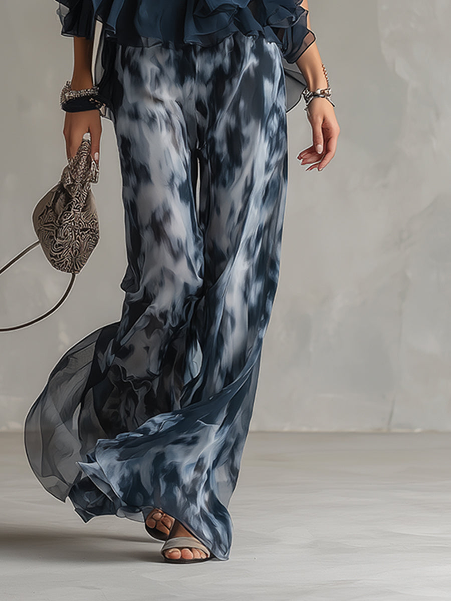 Luna | Elegante conjunto de gasa con blusa de cuello alto y pantalones anchos estampados