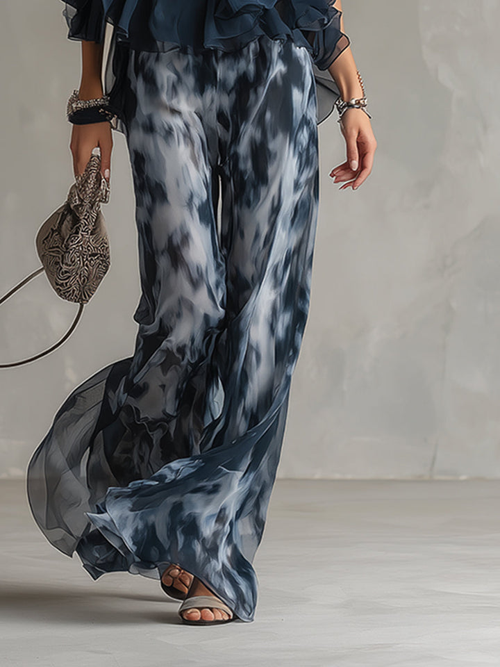 Luna | Elegante conjunto de gasa con blusa de cuello alto y pantalones anchos estampados