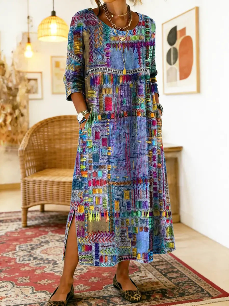 Manuela | Vestido Estampado con Patchwork Étnico