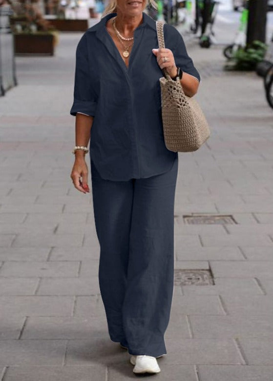 Denice™ Elegante Conjunto Casual de Dos Piezas | Camisa de Botones Suelta y Pantalón Amplio
