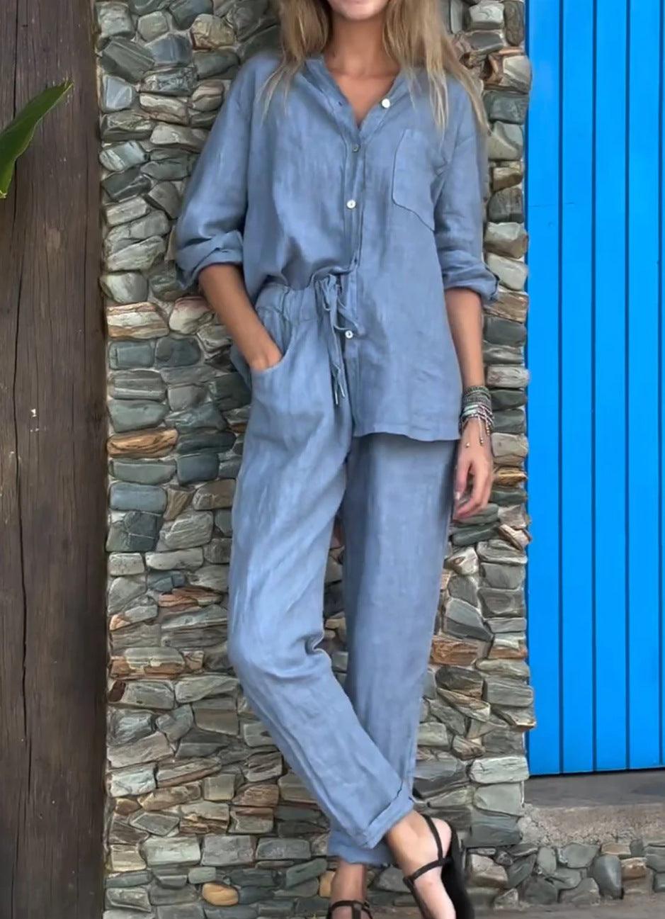 Conjunto de Camisa y Pantalones con V-Cuello Liam