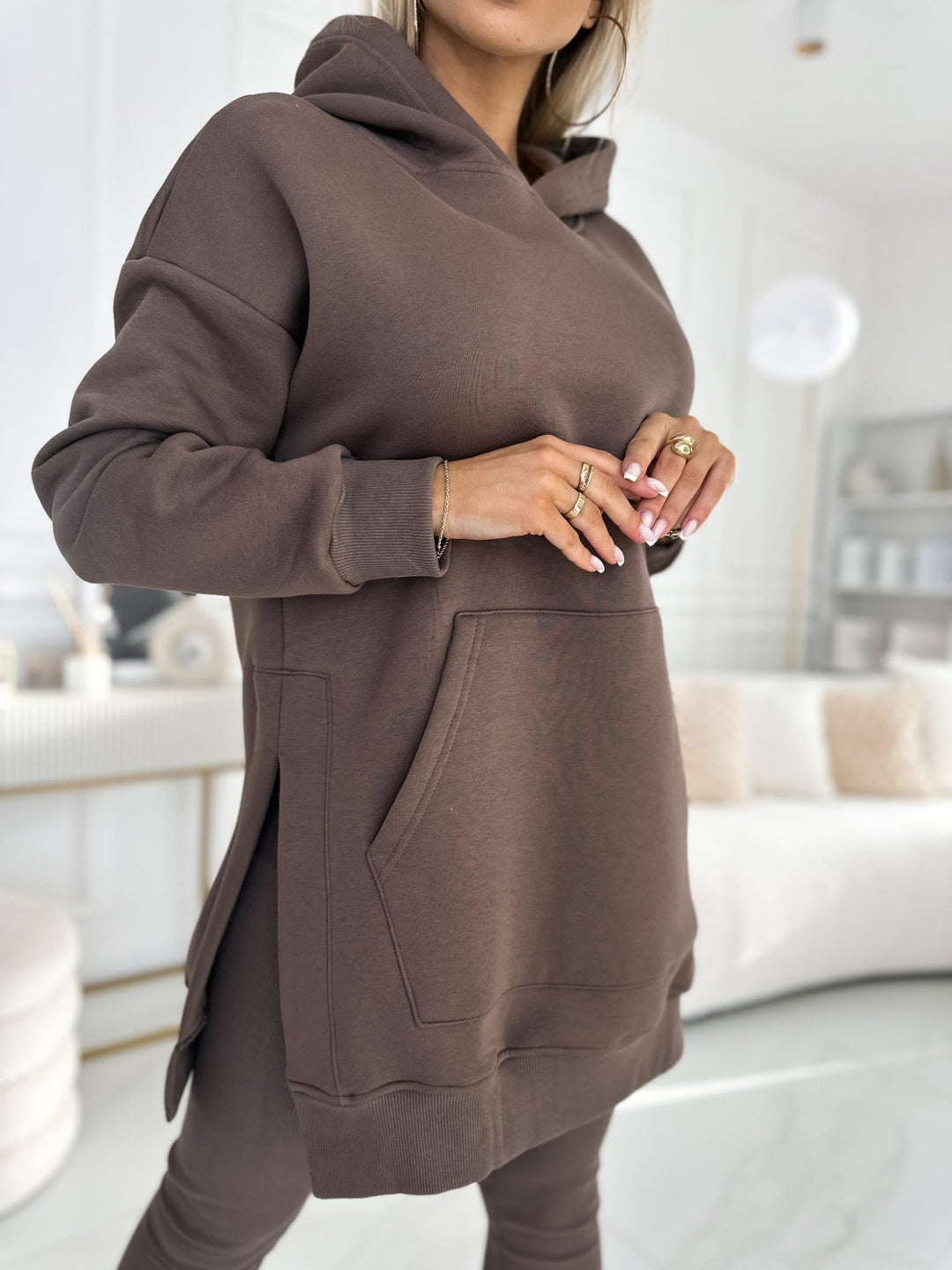 Conjunto de Sudadera Sólida en Color Sienna y Leggings Forrados