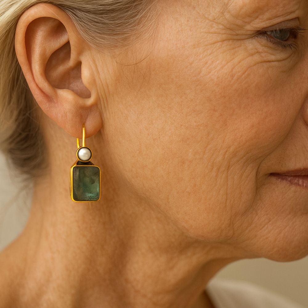 Pendientes de Perlas con Incrustaciones de Piedra Verde Vintage