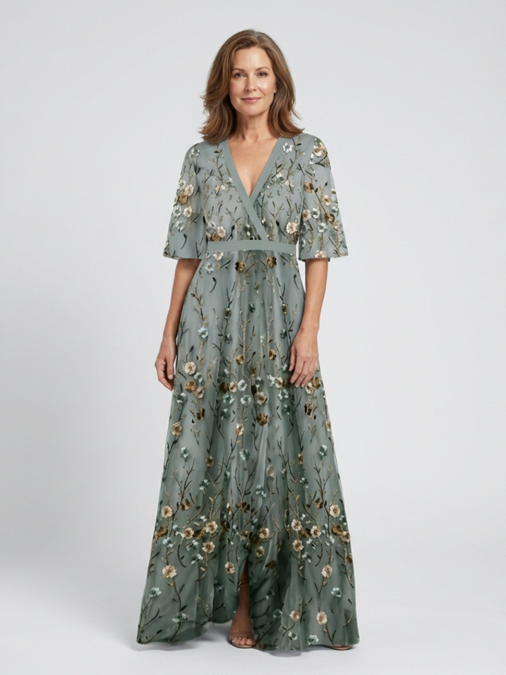 Ellis & Johnson™ | Vestido Maxi de Manga Corta con Escote en V Floral