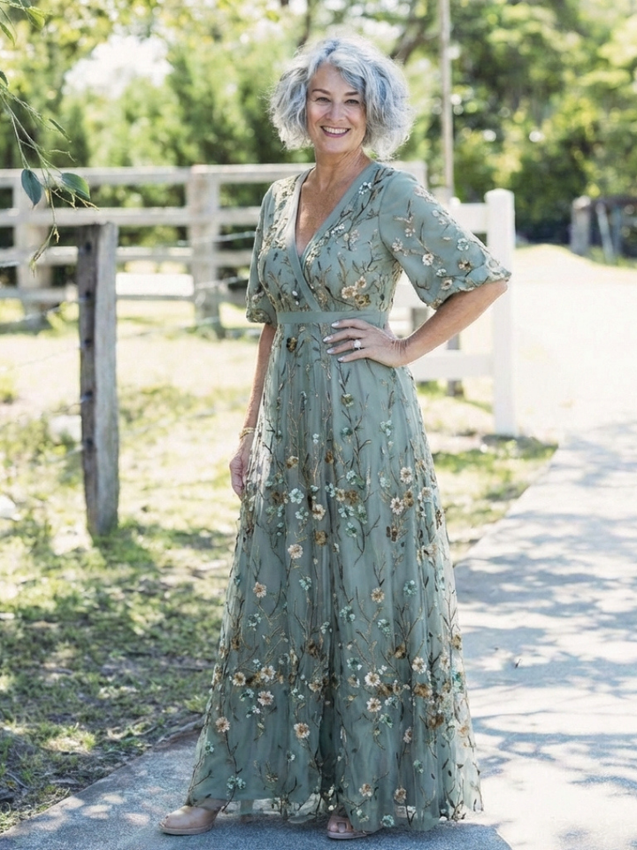 Ellis & Johnson™ | Vestido Maxi de Manga Corta con Escote en V Floral