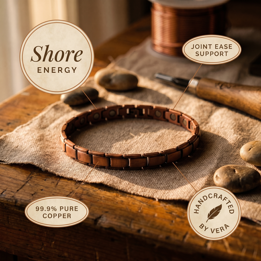 "Tobillera de Cobre Vera's Shore" se puede traducir como "Tobillera de Cobre de Vera's Shore".