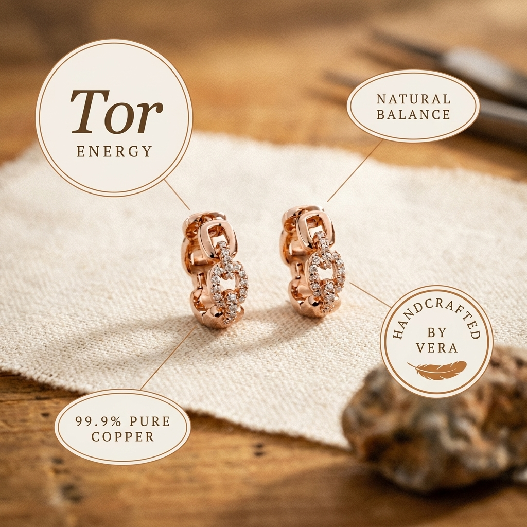 "Pendientes de Cobre Tor de Vera" (The title is already in Spanish, but if you want a slight variation, it could be: "Aretes de Cobre Tor de Vera").