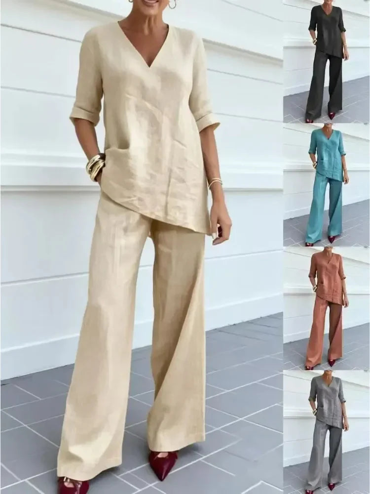 Susana | Conjunto de Dos Piezas con Top de Manga Media y Pantalones Rectos