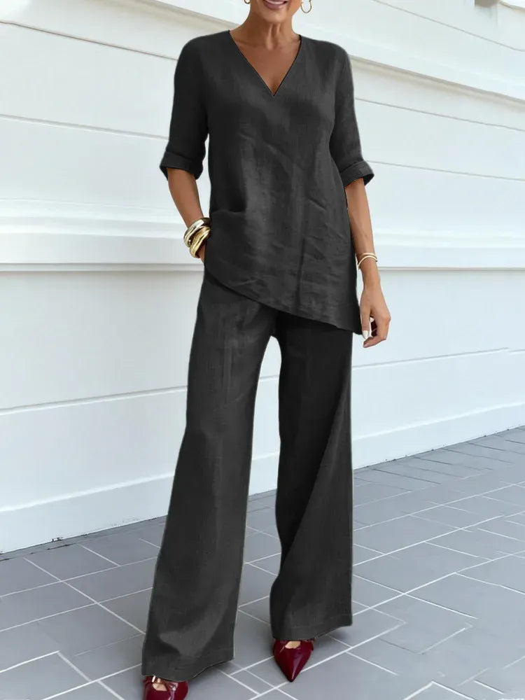 Susana | Conjunto de Dos Piezas con Top de Manga Media y Pantalones Rectos