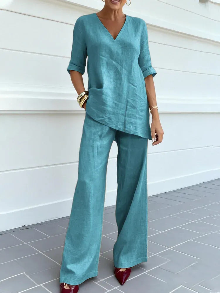 Susana | Conjunto de Dos Piezas con Top de Manga Media y Pantalones Rectos