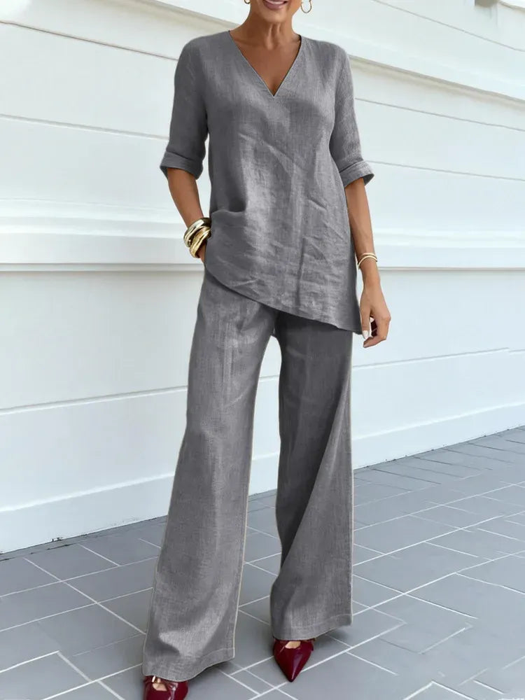 Susana | Conjunto de Dos Piezas con Top de Manga Media y Pantalones Rectos