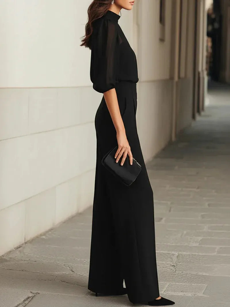 VALENTINA | CONJUNTO DE TRES PIEZAS EN COLOR NEGRO, QUE INCLUYE TOP LENCERO TRANSPARENTE Y PANTALONES DE PATA ANCHA