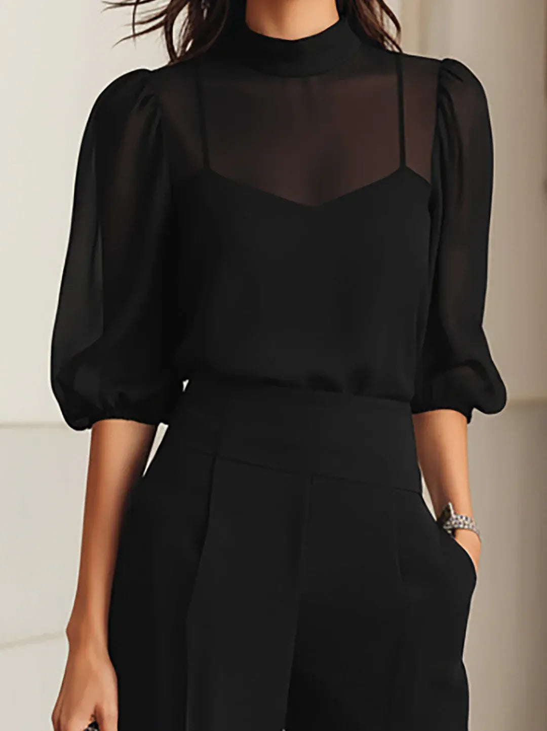 VALENTINA | CONJUNTO DE TRES PIEZAS EN COLOR NEGRO, QUE INCLUYE TOP LENCERO TRANSPARENTE Y PANTALONES DE PATA ANCHA