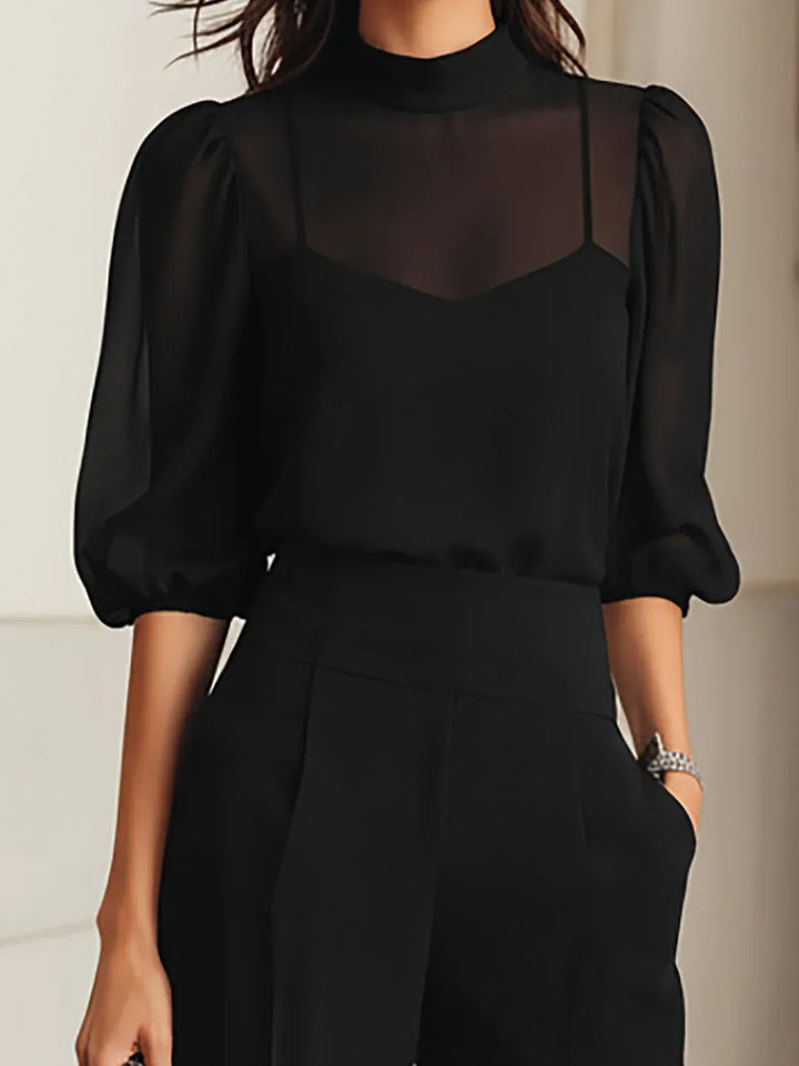 VALENTINA | CONJUNTO DE TRES PIEZAS EN COLOR NEGRO, INCLUYE TOP LENCERO TRANSPARENTE Y PANTALONES DE PATA ANCHA