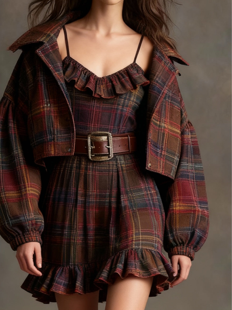 Conjunto de Mini Vestido Vintage Lila con Volantes a Cuadros