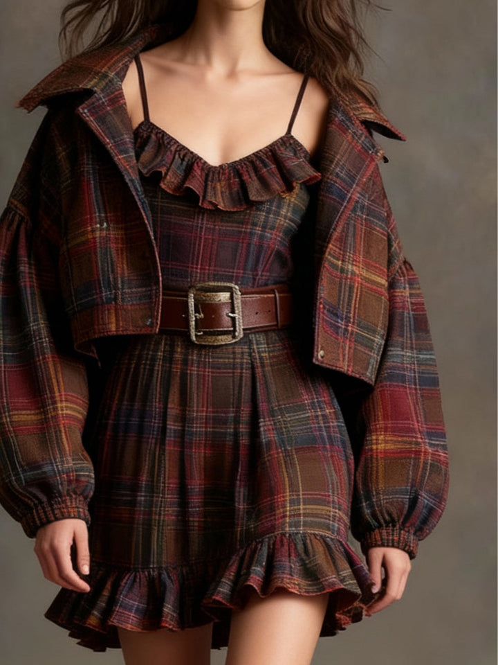Conjunto de Vestido Mini de Cuadros Vintage Lila con Volantes