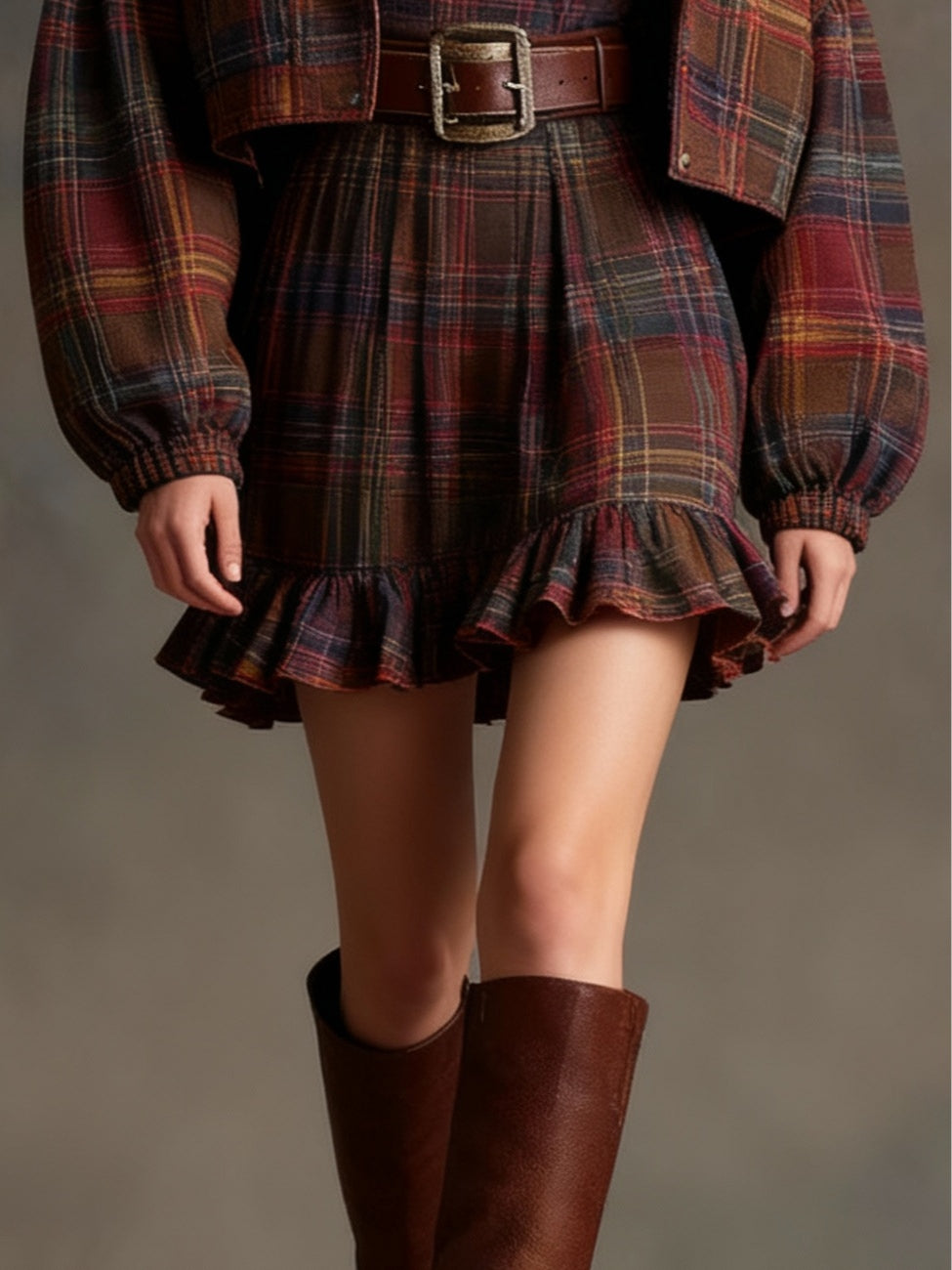 Conjunto de Mini Vestido Vintage Lila con Volantes a Cuadros
