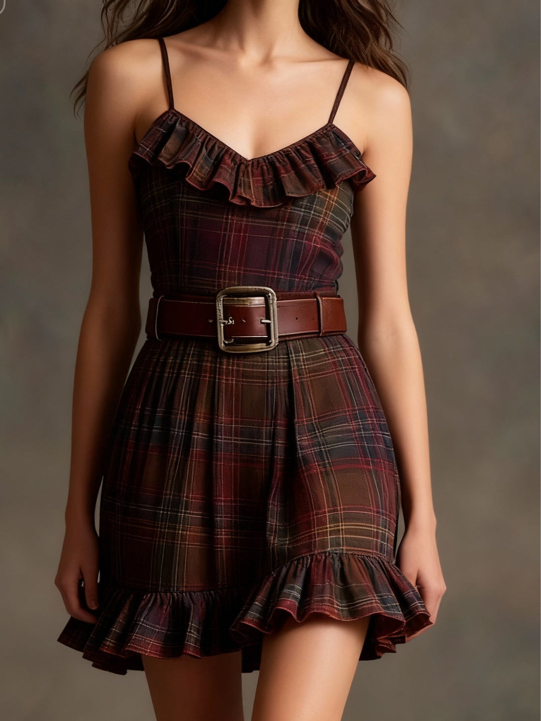 Conjunto de Mini Vestido Vintage Lila con Volantes a Cuadros