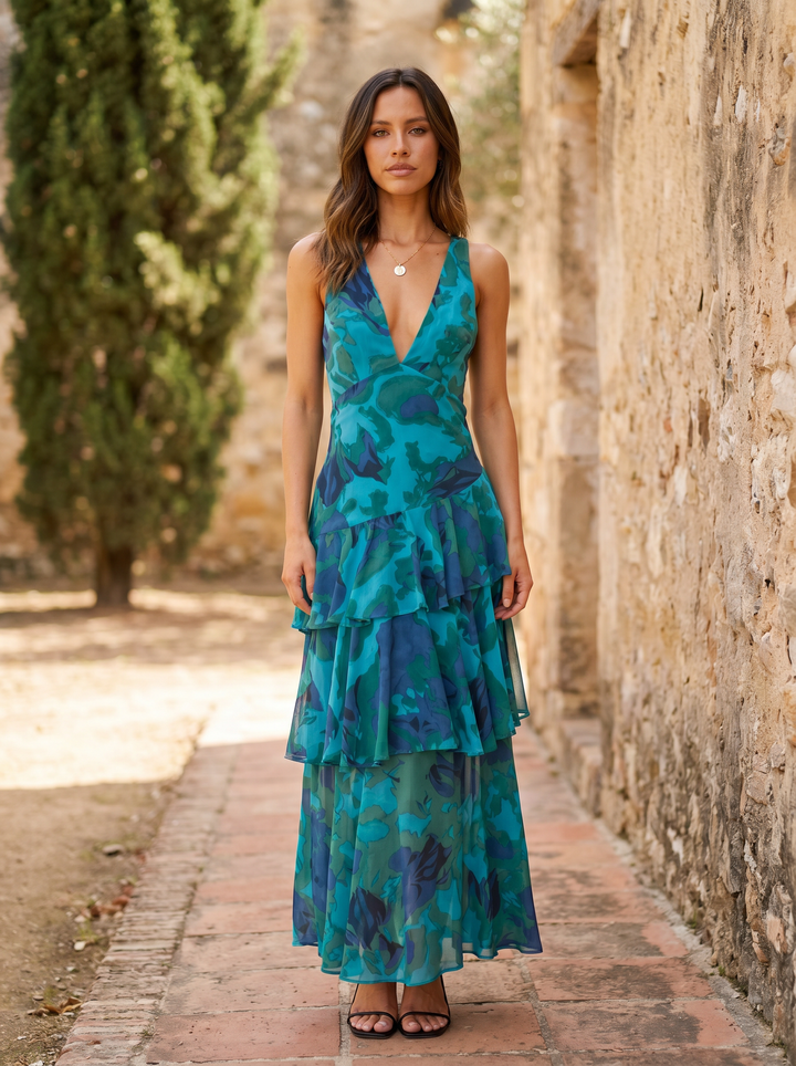 Vestido de Flores con Escote Profundo
