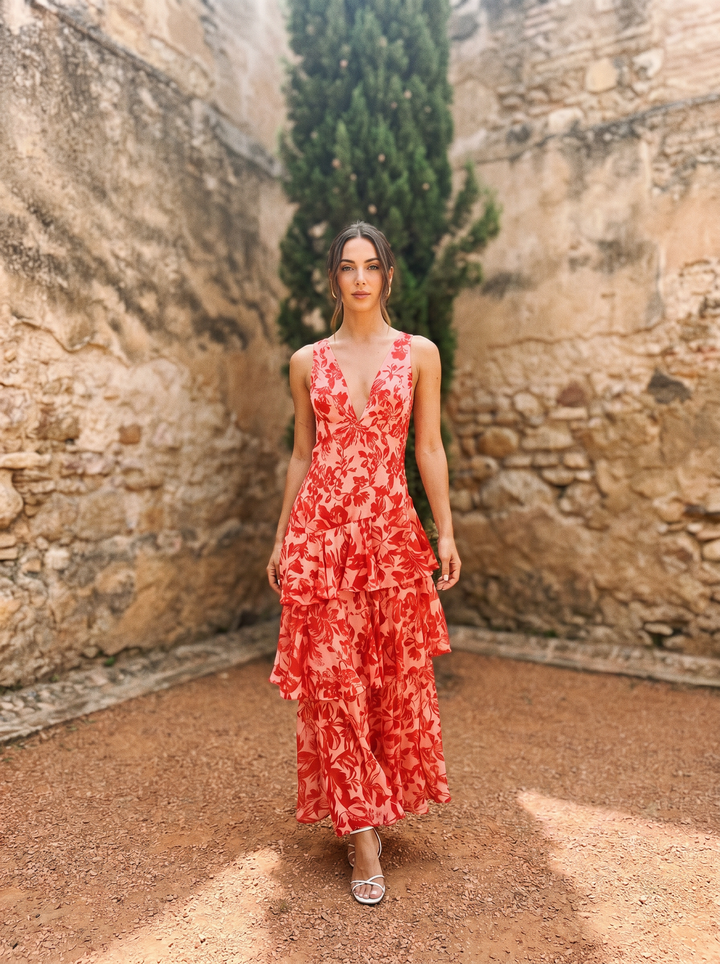 Vestido de Flores con Escote Profundo