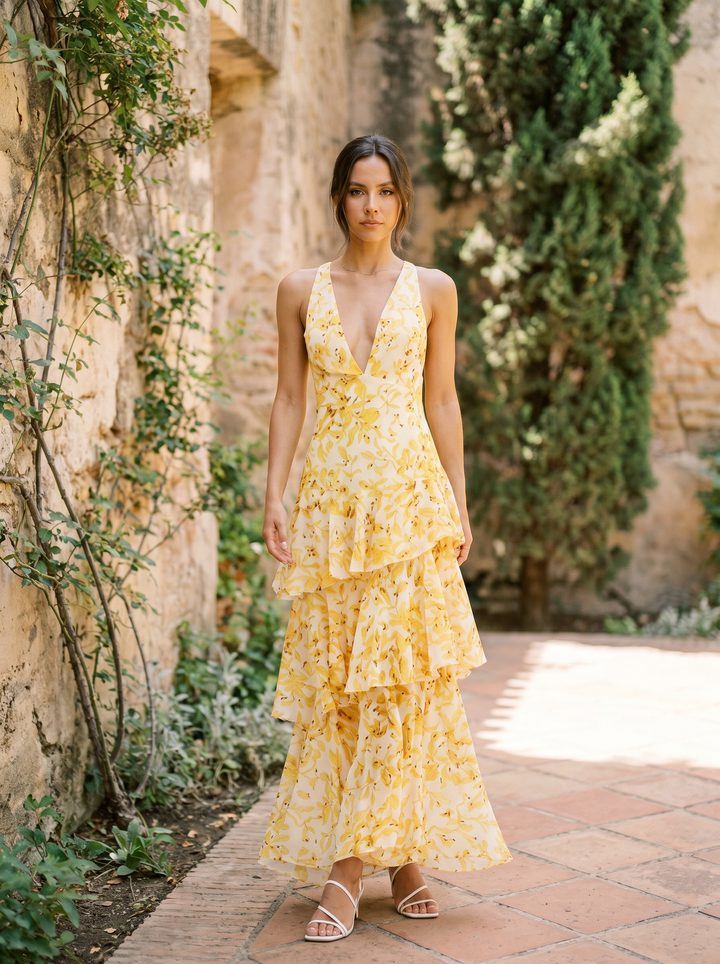 Vestido de Flores con Escote Profundo