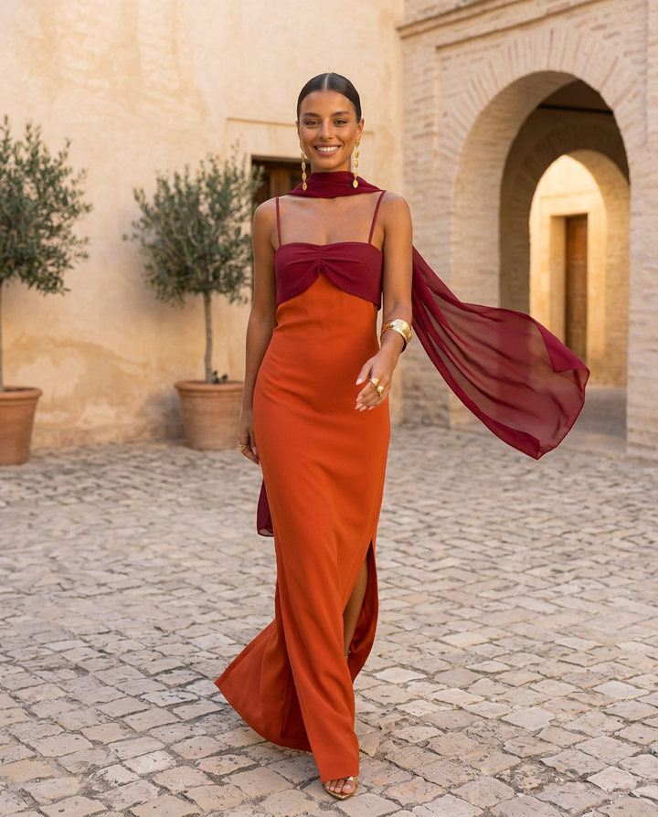Zahara | Vestido naranja con escote rojo