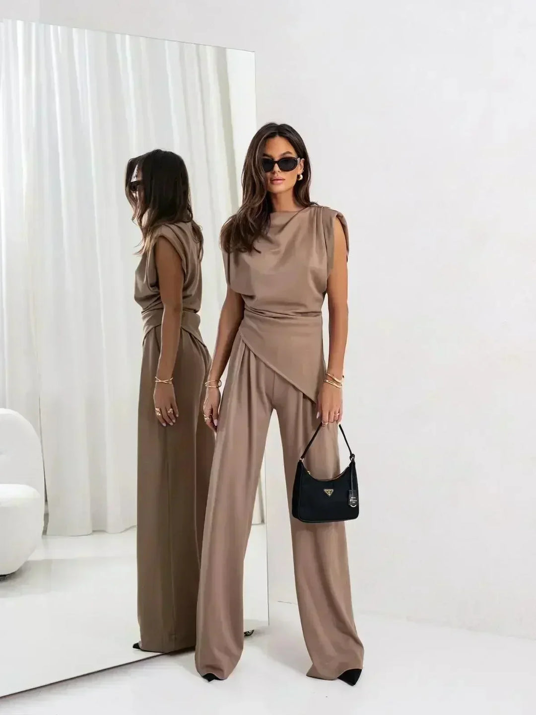 Diann™ Conjunto Chic de Dos Piezas | Top Drapado y Pantalones de Pierna Ancha