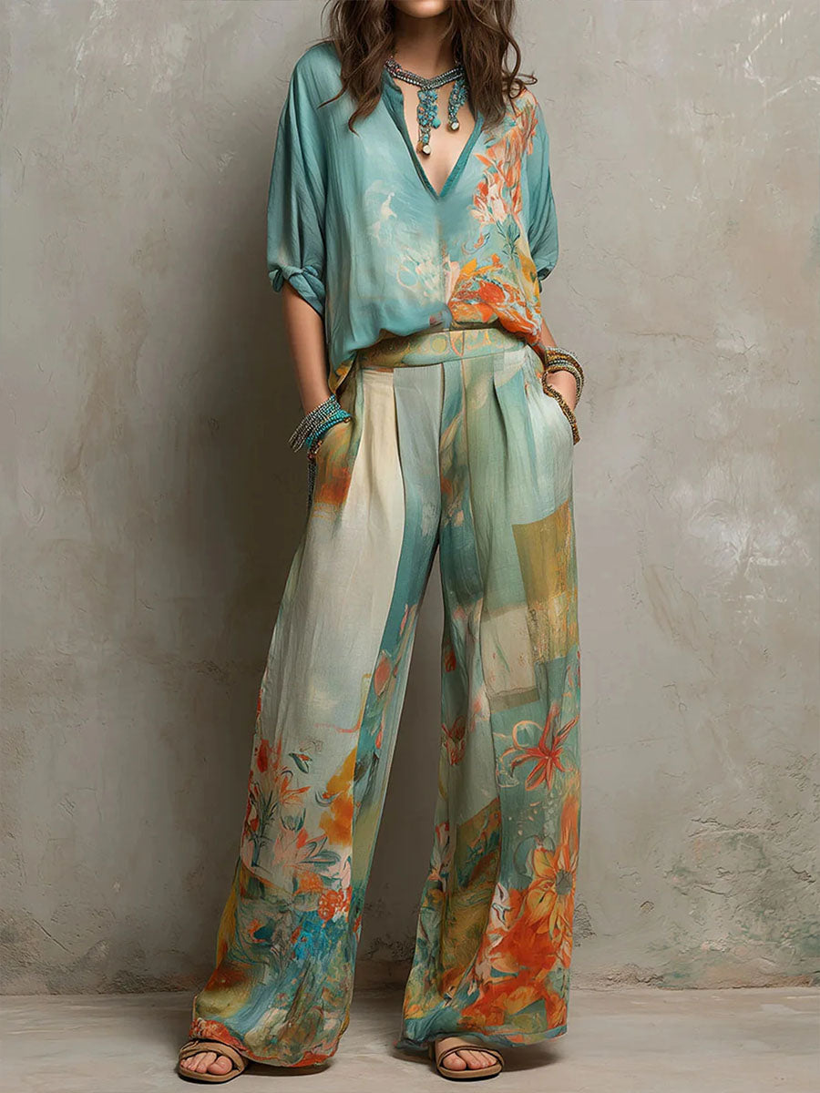 Clara | Conjunto elegante con estampado floral y pantalón de pierna ancha