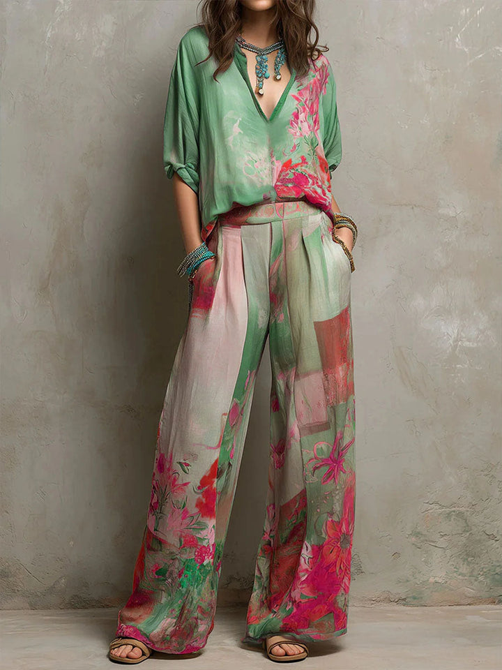 Clara | Conjunto elegante con estampado floral y pantalón de pierna ancha