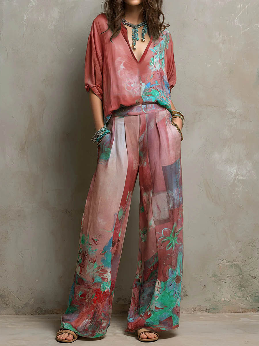 Clara | Conjunto elegante con estampado floral y pantalón de pierna ancha