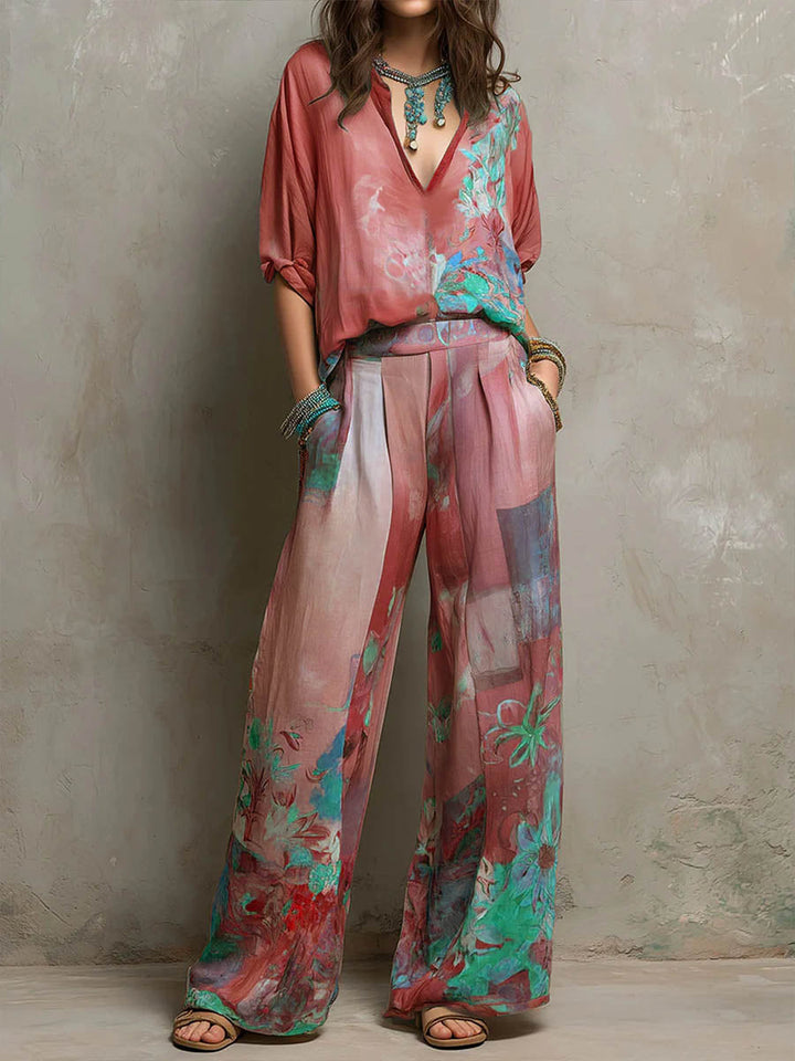 Clara | Conjunto elegante con estampado de flores y pantalón ancho