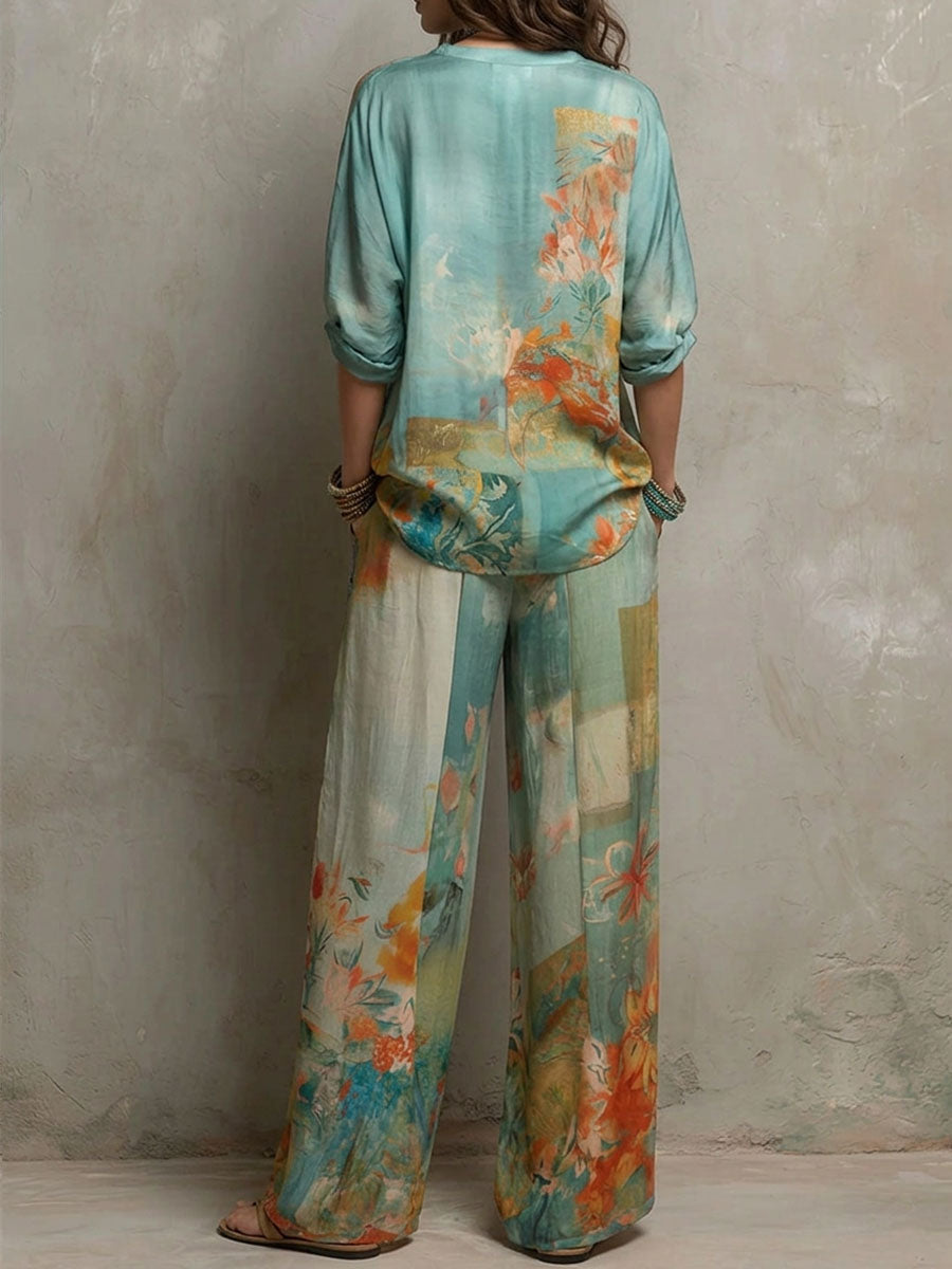 Chiara | Conjunto elegante con estampado de flores y pantalón ancho