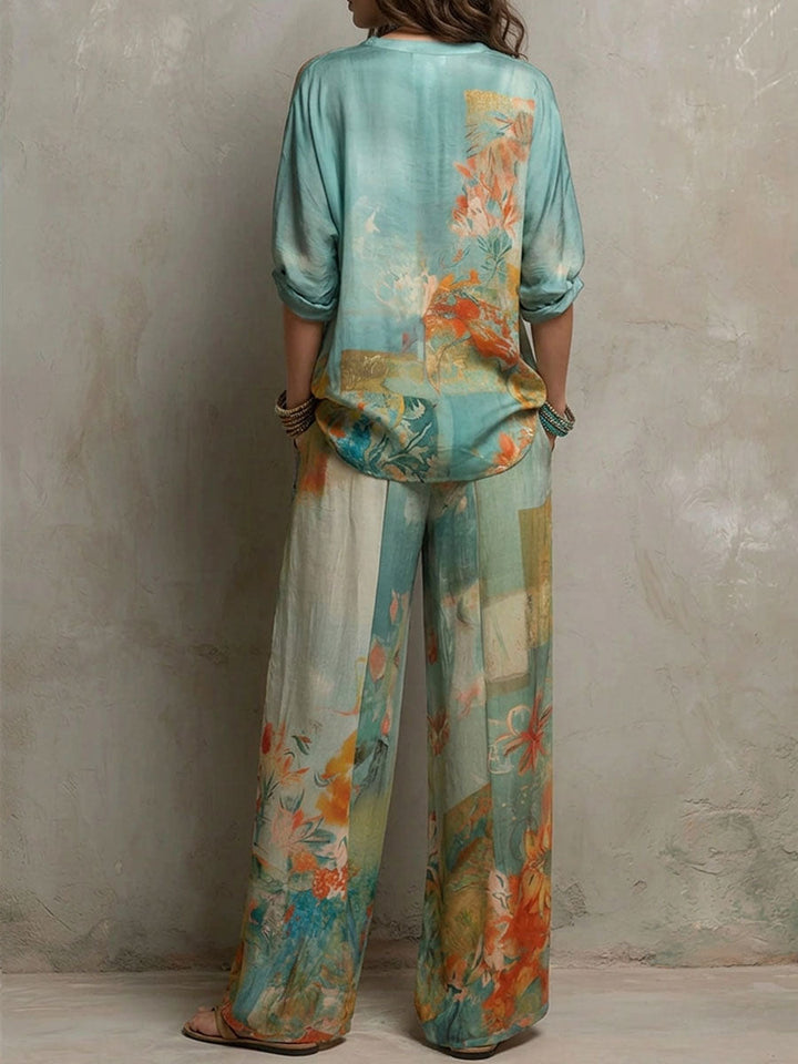 Chiara | Conjunto elegante con estampado de flores y pantalón ancho