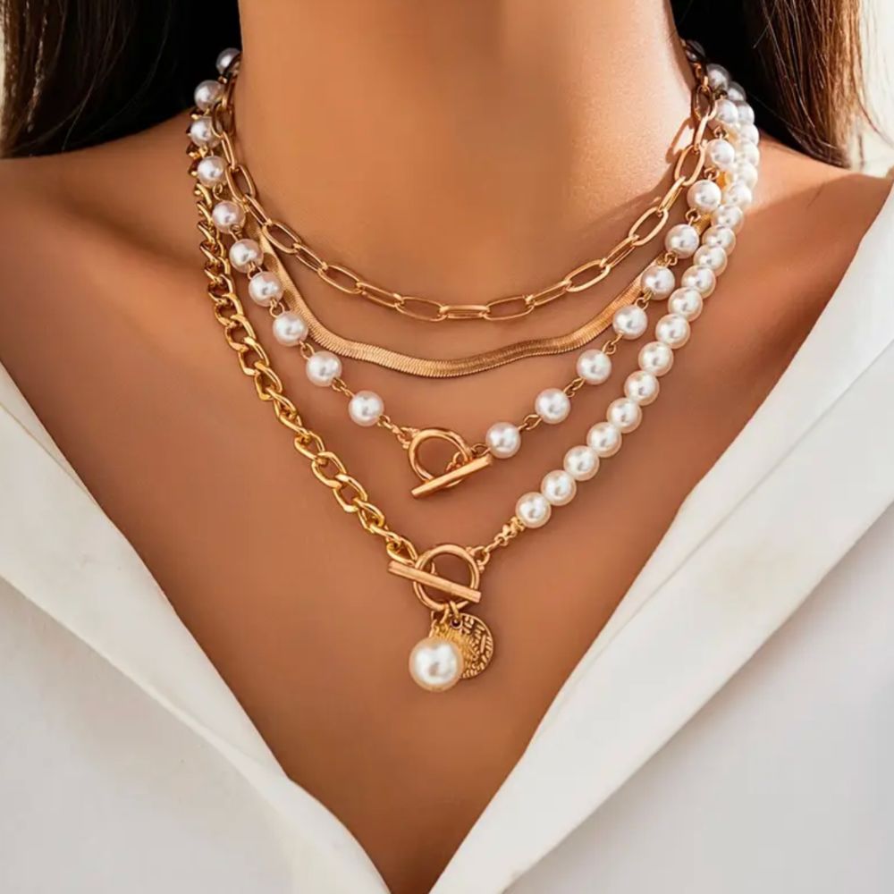 Conjunto de Collar de Perlas Vintage y Cadena de Serpiente