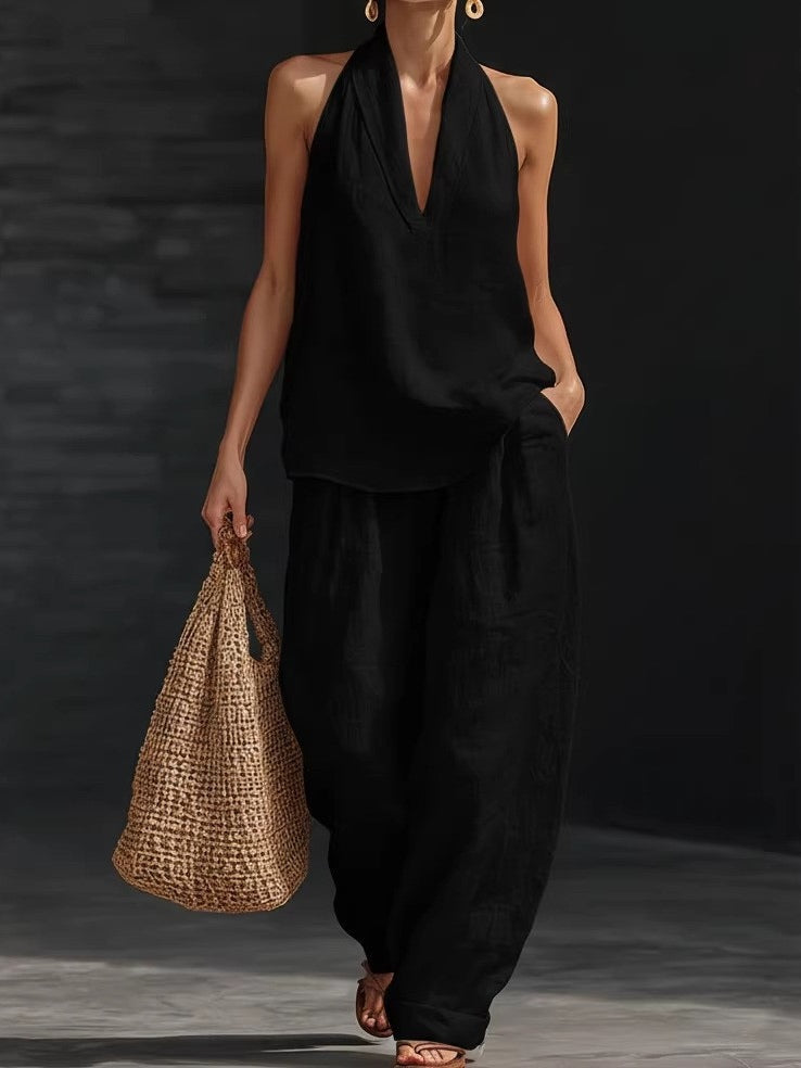 Conjunto de Top Sin Mangas en V Lila y Pantalones de Pierna Ancha