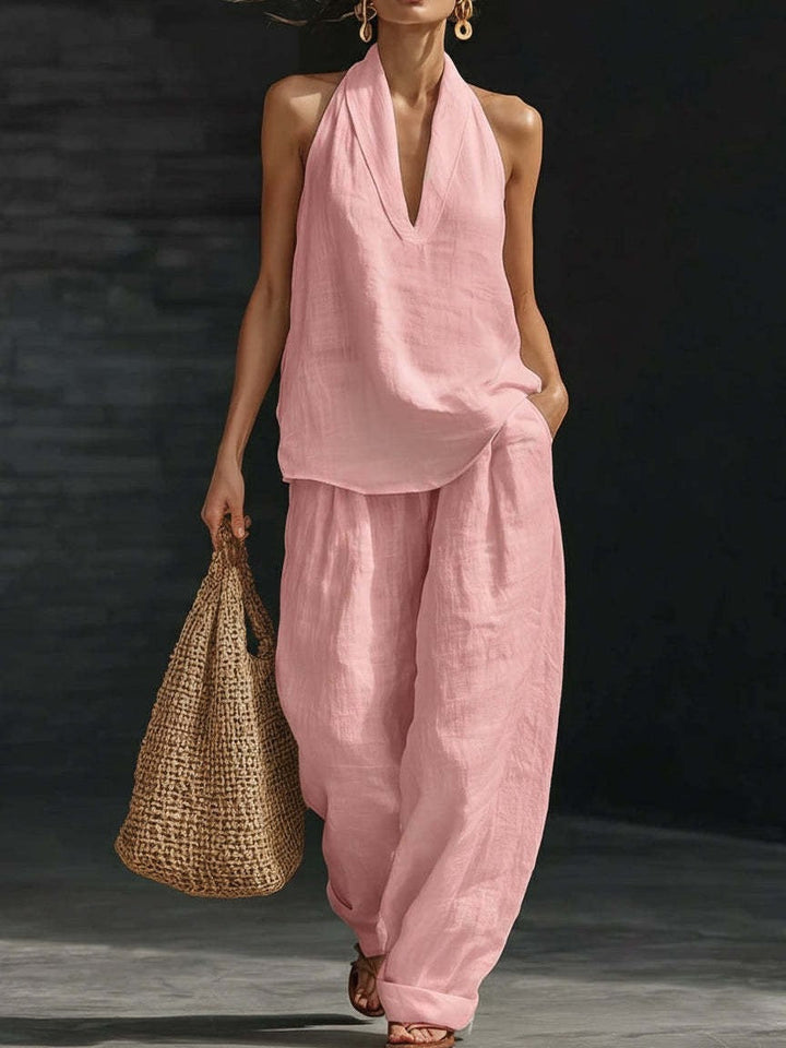 Conjunto de Top Sin Mangas de Cuello en V Lila y Pantalones de Pierna Ancha