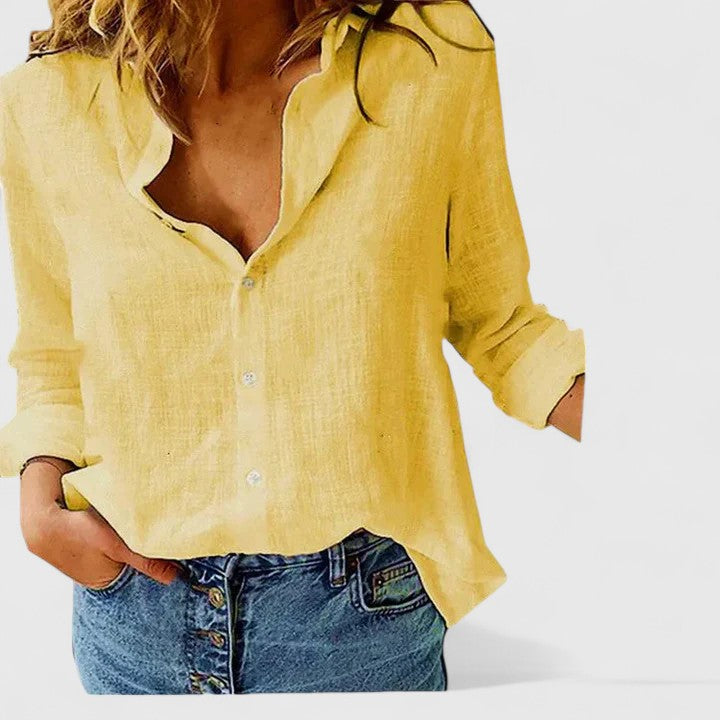 "Harper | Camisa de Lino para Mujer con Cuello de Solapa" (The title is already in Spanish and does not require rewriting.)